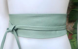 Sage green leather belt. Light green waist belt. Genuine leather wrap belt. Mint green obi belt. Green wraparound dress belt