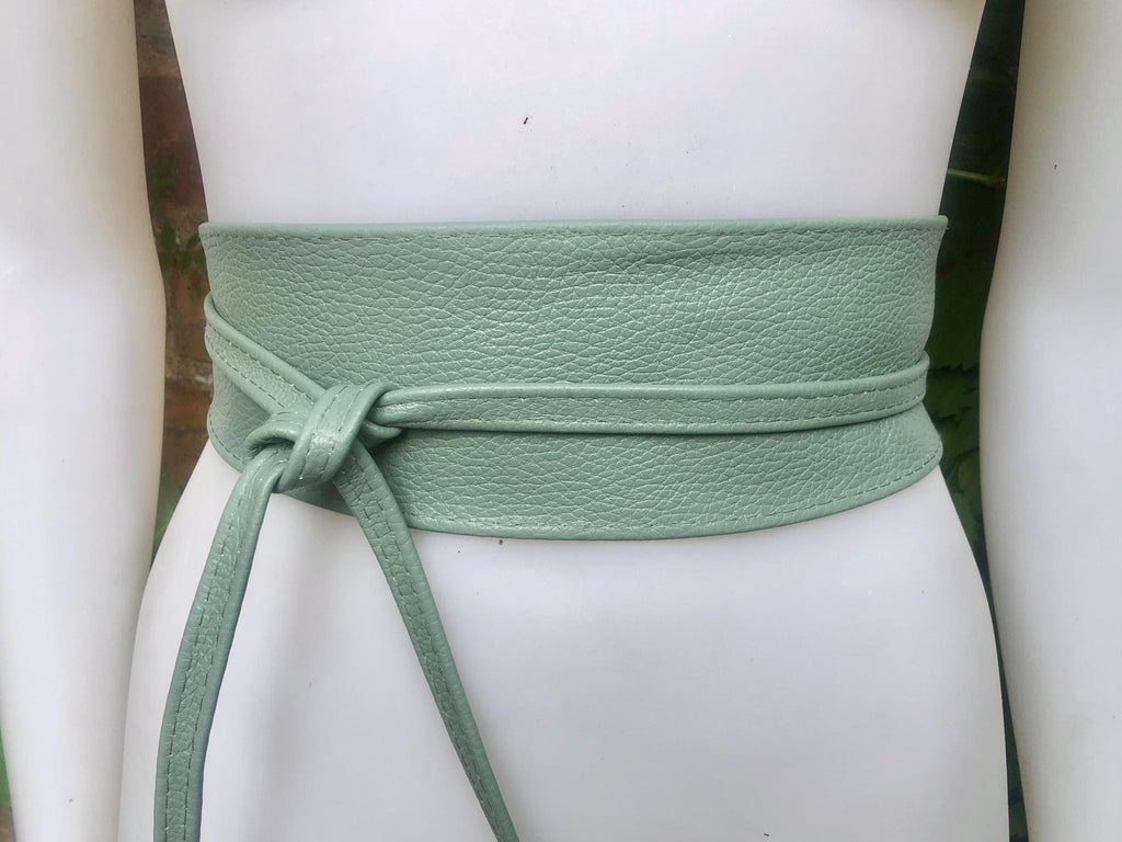 Sage green leather belt. Light green waist belt. Genuine leather wrap belt. Mint green obi belt. Green wraparound dress belt