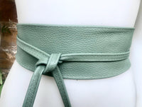 Sage green leather belt. Light green waist belt. Genuine leather wrap belt. Mint green obi belt. Green wraparound dress belt