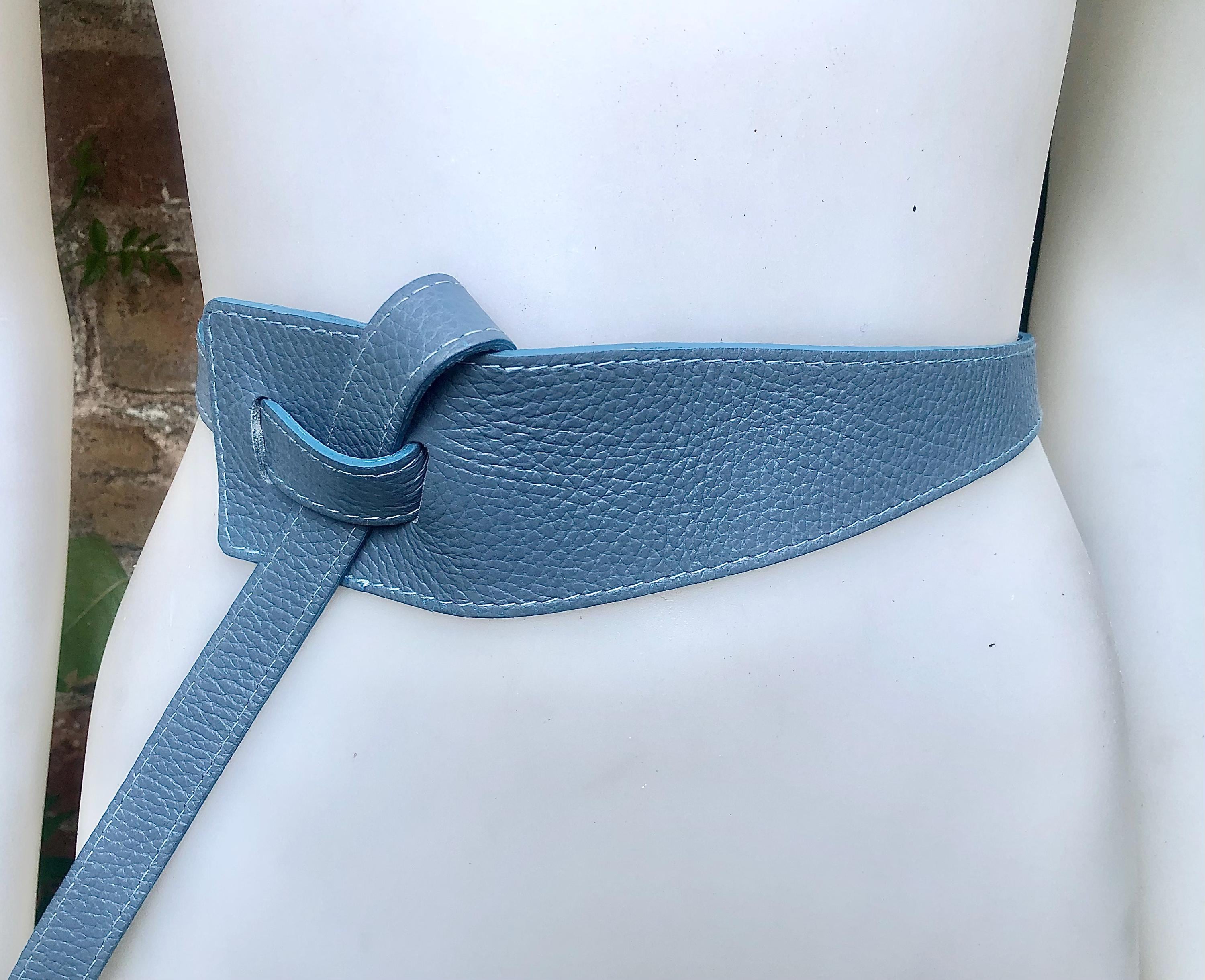 Wrap belt in blue-gray. Genuine leather 80s style obi belt. Blue waist belt. Blue wraparound belt. Denim blue dress belt