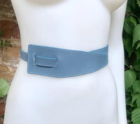 Wrap belt in blue-gray. Genuine leather 80s style obi belt. Blue waist belt. Blue wraparound belt. Gray dress belt