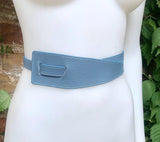 Wrap belt in blue-gray. Genuine leather 80s style obi belt. Blue waist belt. Blue wraparound belt. Gray dress belt