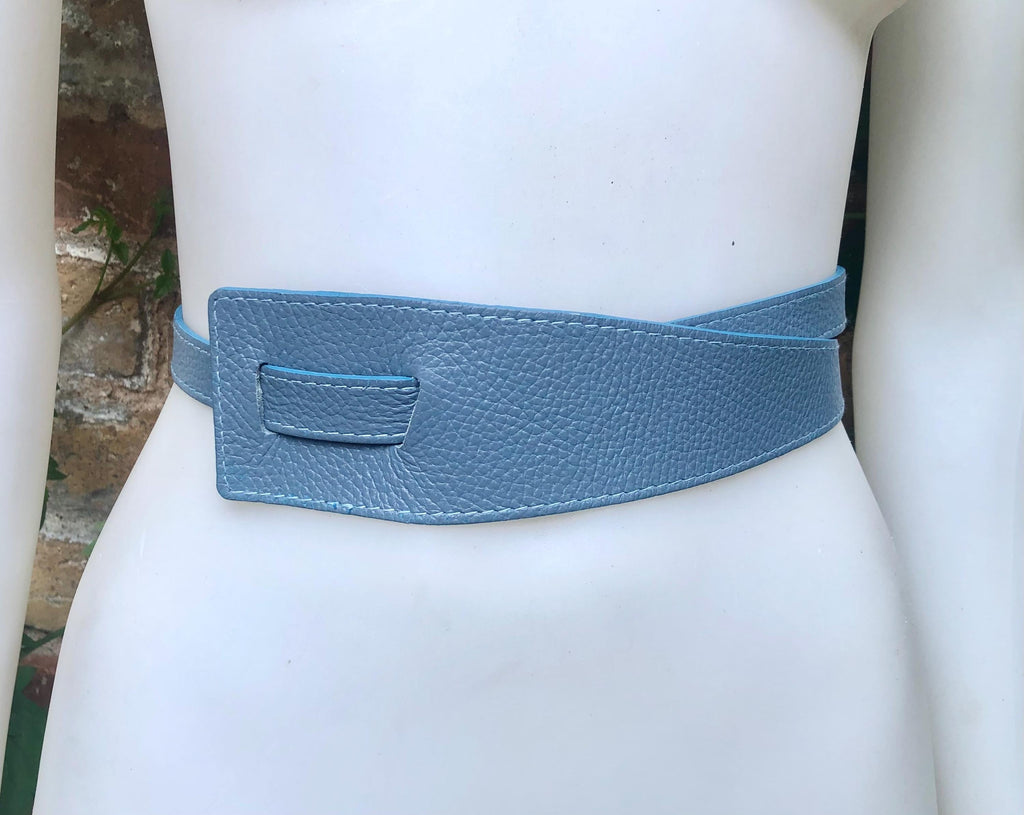 Wrap belt in blue-gray. Genuine leather 80s style obi belt. Blue waist belt. Blue wraparound belt. Denim blue dress belt