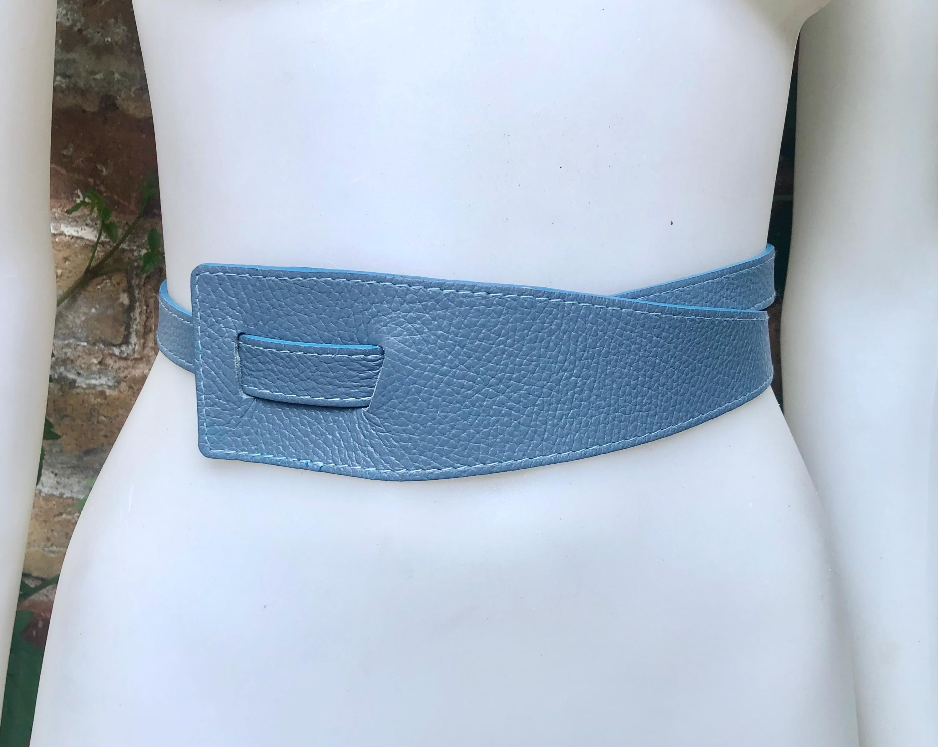 Wrap belt in blue-gray. Genuine leather 80s style obi belt. Blue waist belt. Blue wraparound belt. Denim blue dress belt