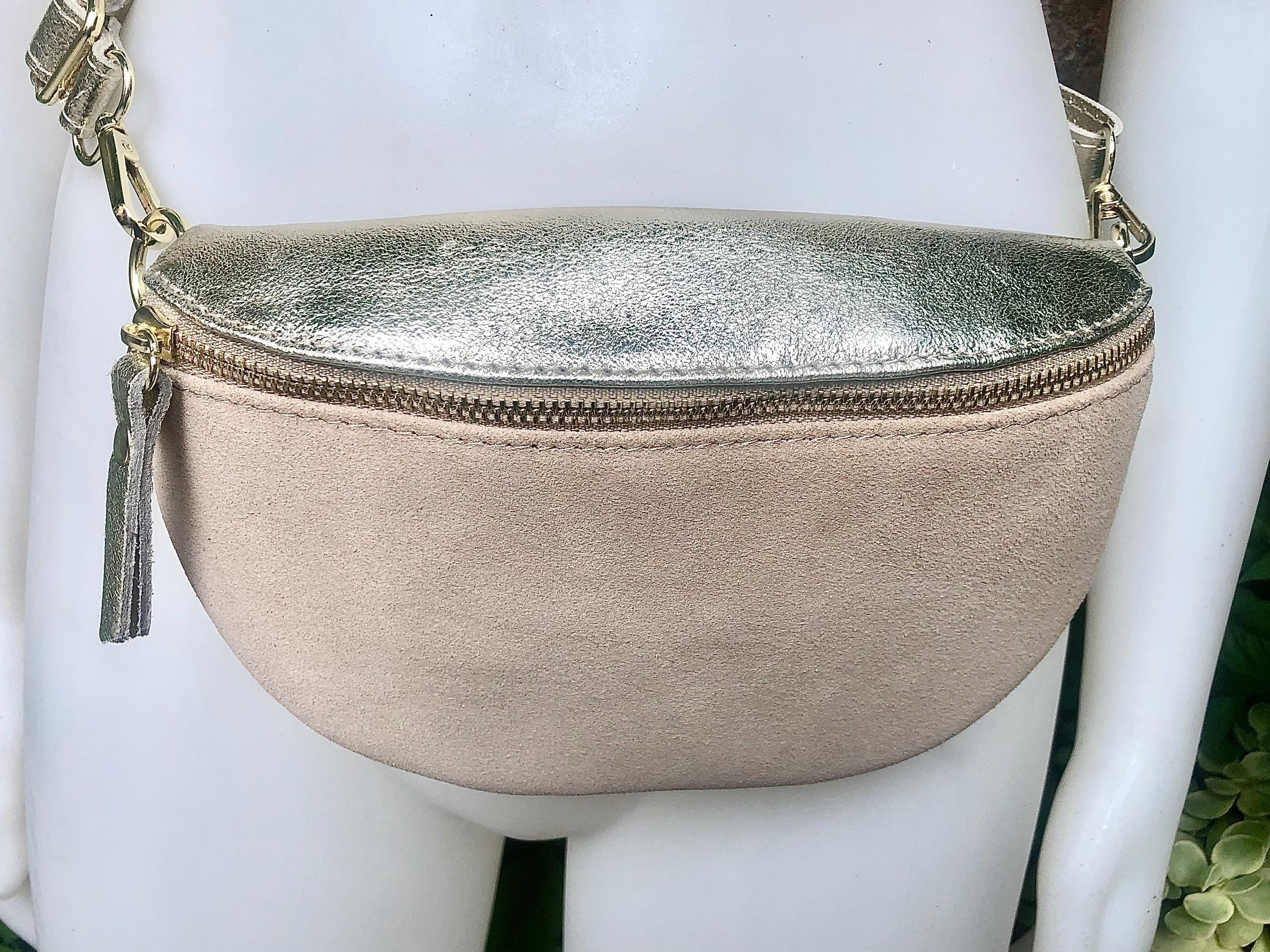 Beige - GOLD fanny pack. Small leather crossbody/ hip bag, bum pack bag in GENUINE leather. Beige -GOLD purse with adjustable strap