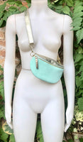 Mint green - GOLD fanny pack. GENUINE leather small leather crossbody / hip bag, bum pack. Aqua. Green -GOLD purse with adjustable strap