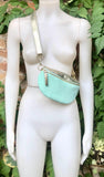 Mint green - GOLD fanny pack. GENUINE leather small leather crossbody / hip bag, bum pack. Aqua. Green -GOLD purse with adjustable strap