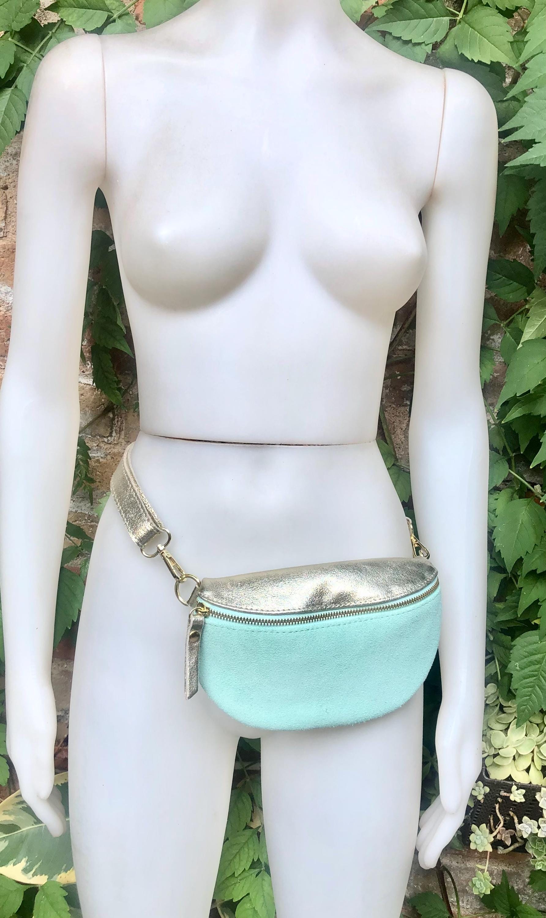 Mint green - GOLD fanny pack. GENUINE leather small leather crossbody / hip bag, bum pack. Aqua. Green -GOLD purse with adjustable strap