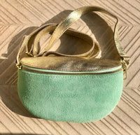 Mint green - GOLD fanny pack. GENUINE leather small leather crossbody / hip bag, bum pack. Aqua. Green -GOLD purse with adjustable strap
