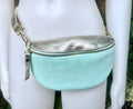 Mint green - GOLD fanny pack. GENUINE leather small leather crossbody / hip bag, bum pack. Aqua. Green -GOLD purse with adjustable strap