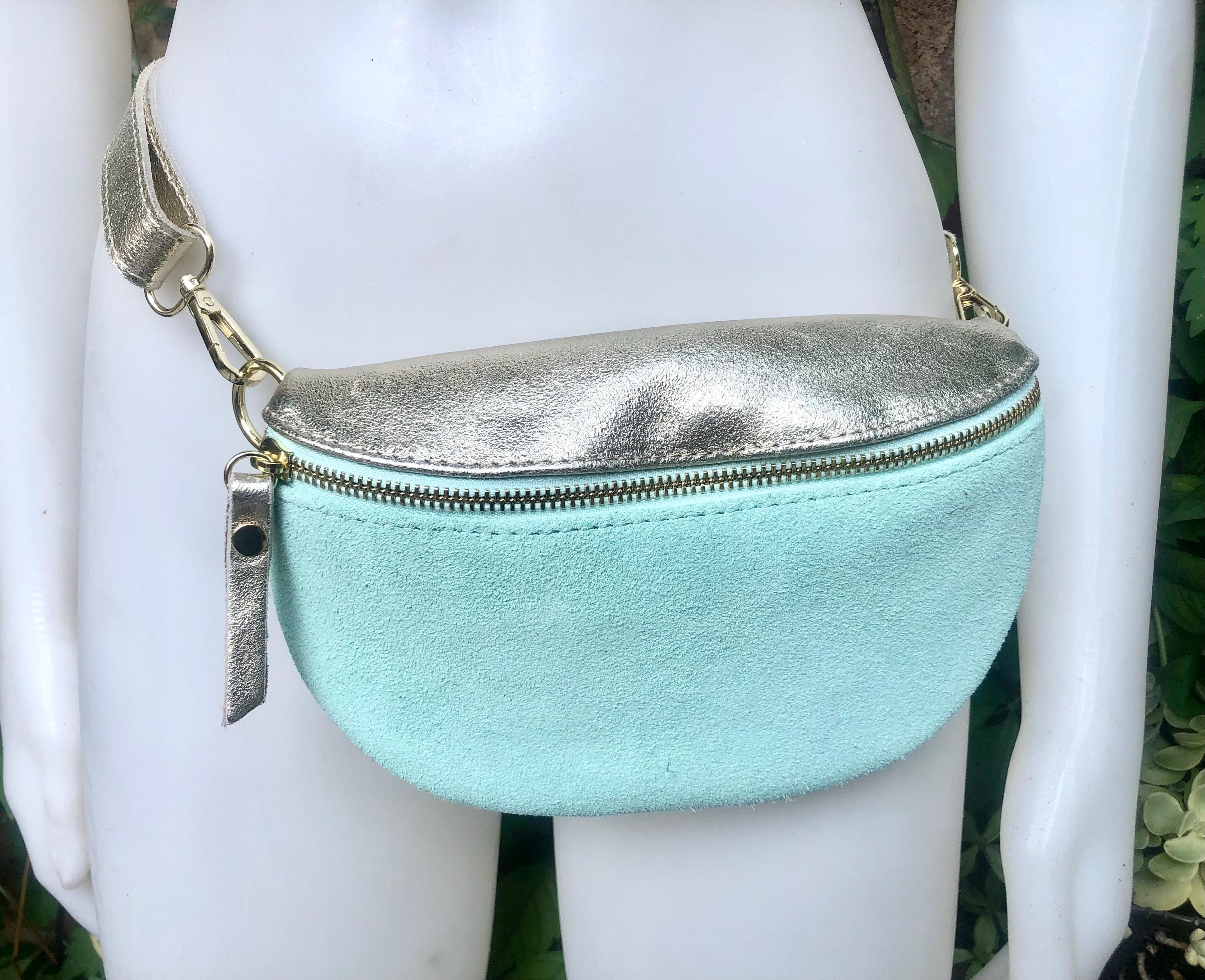 Mint green - GOLD fanny pack. GENUINE leather small leather crossbody / hip bag, bum pack. Aqua. Green -GOLD purse with adjustable strap