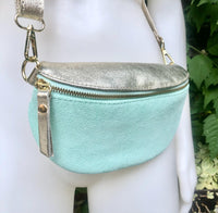 Mint green - GOLD fanny pack. GENUINE leather small leather crossbody / hip bag, bum pack. Aqua. Green -GOLD purse with adjustable strap