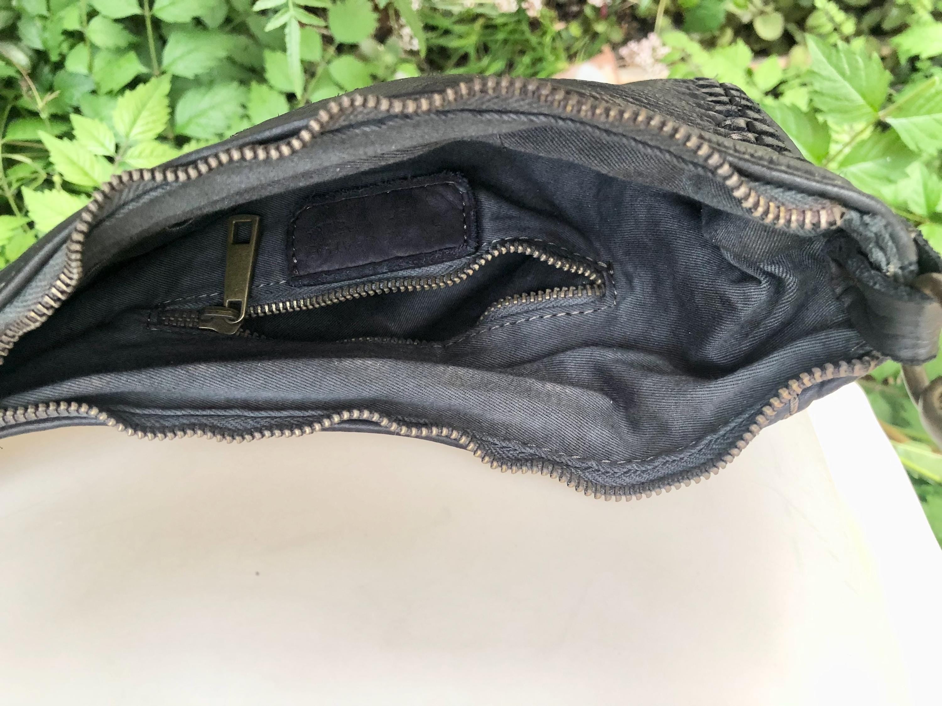 BLACK leather bag. Washed genuine leather crossbody / shoulder bag / wristlet. Black distressed braided leather purse with adjustable strap.