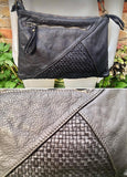 BLACK leather bag. Washed genuine leather crossbody / shoulder bag / wristlet. Black distressed braided leather purse with adjustable strap.