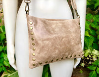 Crossbody bag. Taupe BROWN boho leather purse with bronze color tacks Genuine suede leather messenger bag. Light brown crossbody bag