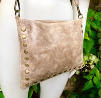 Crossbody bag. Taupe BROWN boho leather purse with bronze color tacks Genuine suede leather messenger bag. Light brown crossbody bag
