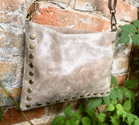 Crossbody bag. Taupe BROWN boho leather purse with bronze color tacks Genuine suede leather messenger bag. Light brown crossbody bag