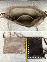 Crossbody bag. Taupe BROWN boho leather purse with bronze color tacks Genuine suede leather messenger bag. Light brown crossbody bag