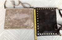 Crossbody bag. Dark BROWN boho leather purse with bronze color tacks. Genuine suede leather messenger bag. Chocolate brown crossbody bag