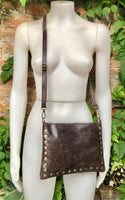 Crossbody bag. Dark BROWN boho leather purse with bronze color tacks. Genuine suede leather messenger bag. Chocolate brown crossbody bag