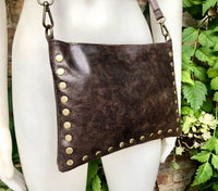 Crossbody bag. Dark BROWN boho leather purse with bronze color tacks. Genuine suede leather messenger bag. Chocolate brown crossbody bag