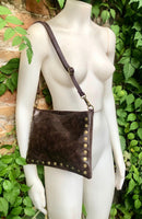 Crossbody bag. Dark BROWN boho leather purse with bronze color tacks. Genuine suede leather messenger bag. Chocolate brown crossbody bag