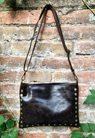 Crossbody bag. Dark BROWN boho leather purse with bronze color tacks. Genuine suede leather messenger bag. Chocolate brown crossbody bag