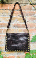 Crossbody bag. Dark BROWN boho leather purse with bronze color tacks. Genuine suede leather messenger bag. Chocolate brown crossbody bag