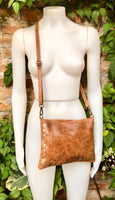 Crossbody bag. Camel BROWN boho leather purse with bronze color tacks. Genuine suede leather messenger bag. Rusty brown crossbody bag
