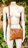 Crossbody bag. Camel BROWN boho leather purse with bronze color tacks. Genuine suede leather messenger bag. Rusty brown crossbody bag