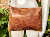 Crossbody bag. Camel BROWN boho leather purse with bronze color tacks. Genuine suede leather messenger bag. Rusty brown crossbody bag