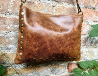 Crossbody bag. Camel BROWN boho leather purse with bronze color tacks. Genuine suede leather messenger bag. Rusty brown crossbody bag