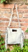 Cream beige crossbody fringed bag. BOHO suede leather bag with FRINGES. Light beige genuine suede leather. Broken white suede purse.
