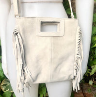 Cream beige crossbody fringed bag. BOHO suede leather bag with FRINGES. Light beige genuine suede leather. Broken white suede purse.