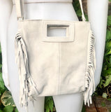 Cream beige crossbody fringed bag. BOHO suede leather bag with FRINGES. Light beige genuine suede leather. Broken white suede purse.