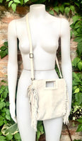 Cream beige crossbody fringed bag. BOHO suede leather bag with FRINGES. Light beige genuine suede leather. Broken white suede purse.