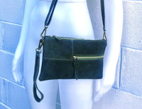 Suede leather bag in DARK GREEN. Crossbody /shoulder bag, in GENUINE leather. Small green suede purse with adjustable strap and zipper.