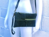 Suede leather bag in DARK GREEN. Crossbody /shoulder bag, in GENUINE leather. Small green suede purse with adjustable strap and zipper.