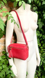 Small red leather bag. GENUINE leather shoulder / cross body bag. Bright red leather purse with tassels, adjustable strap and zipper.