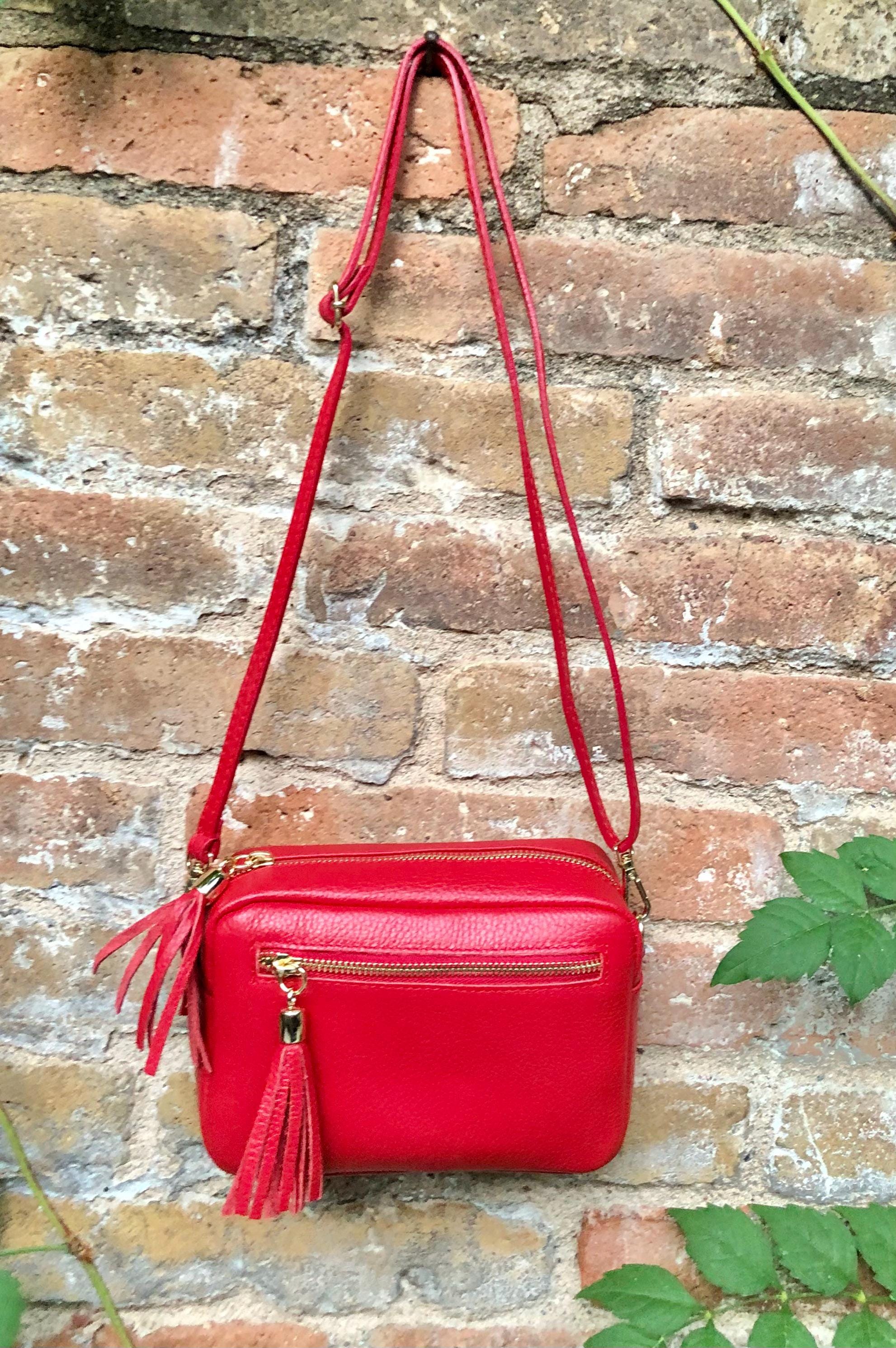 Small red leather bag. GENUINE leather shoulder / cross body bag. Bright red leather purse with tassels, adjustable strap and zipper.