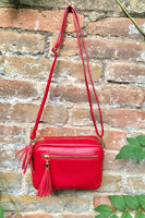 Small red leather bag. GENUINE leather shoulder / cross body bag. Bright red leather purse with tassels, adjustable strap and zipper.