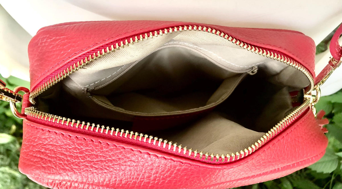 Small red leather bag. GENUINE leather shoulder / cross body bag. Bright red leather purse with tassels, adjustable strap and zipper.