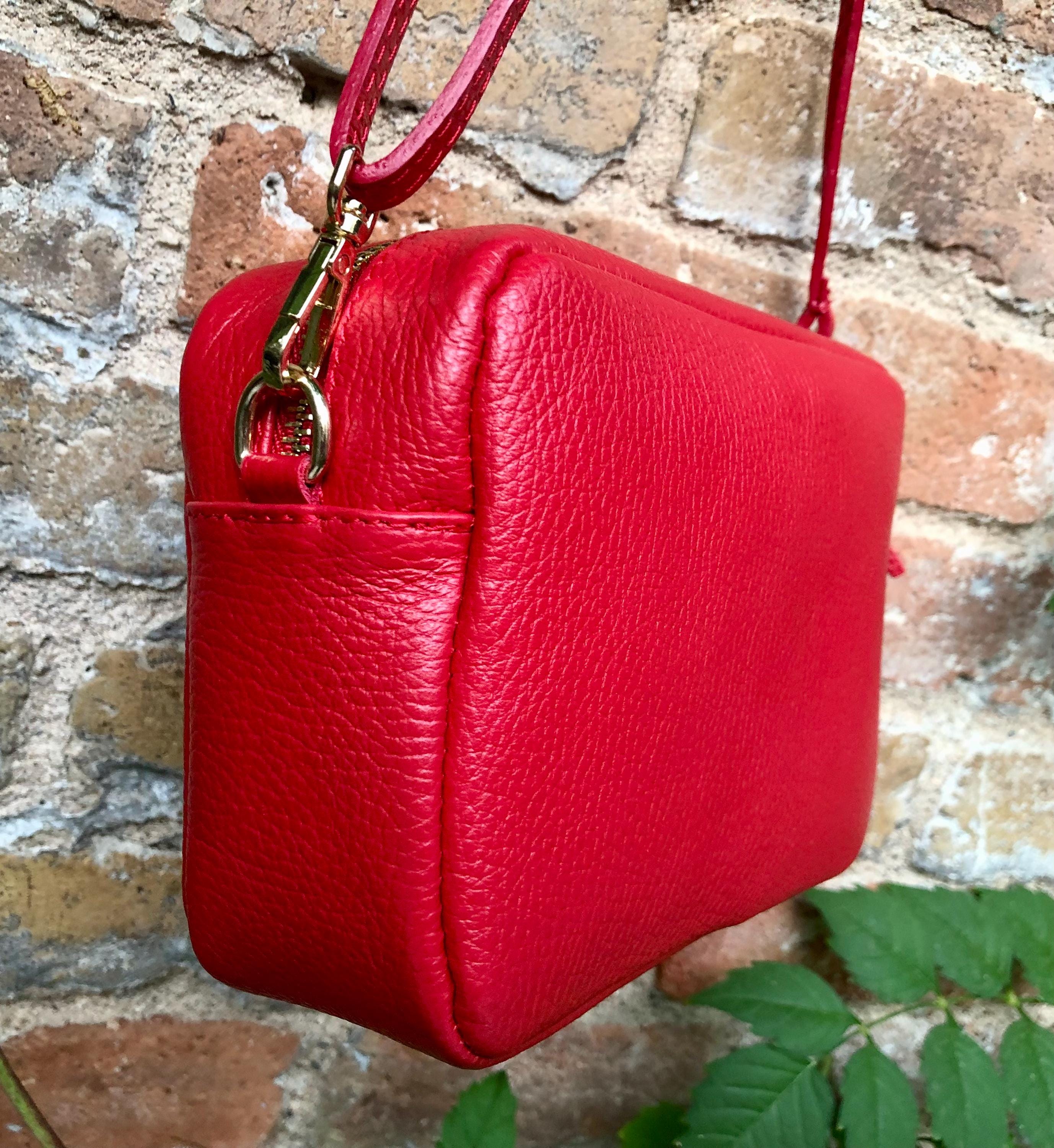 Small red leather bag. GENUINE leather shoulder / cross body bag. Bright red leather purse with tassels, adjustable strap and zipper.