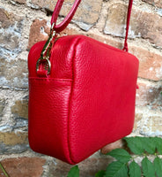 Small red leather bag. GENUINE leather shoulder / cross body bag. Bright red leather purse with tassels, adjustable strap and zipper.