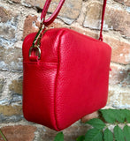 Small red leather bag. GENUINE leather shoulder / cross body bag. Bright red leather purse with tassels, adjustable strap and zipper.