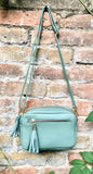 Small sage green leather bag. GENUINE leather shoulder / cross body bag. Light green leather purse with tassels, adjustable strap and zipper