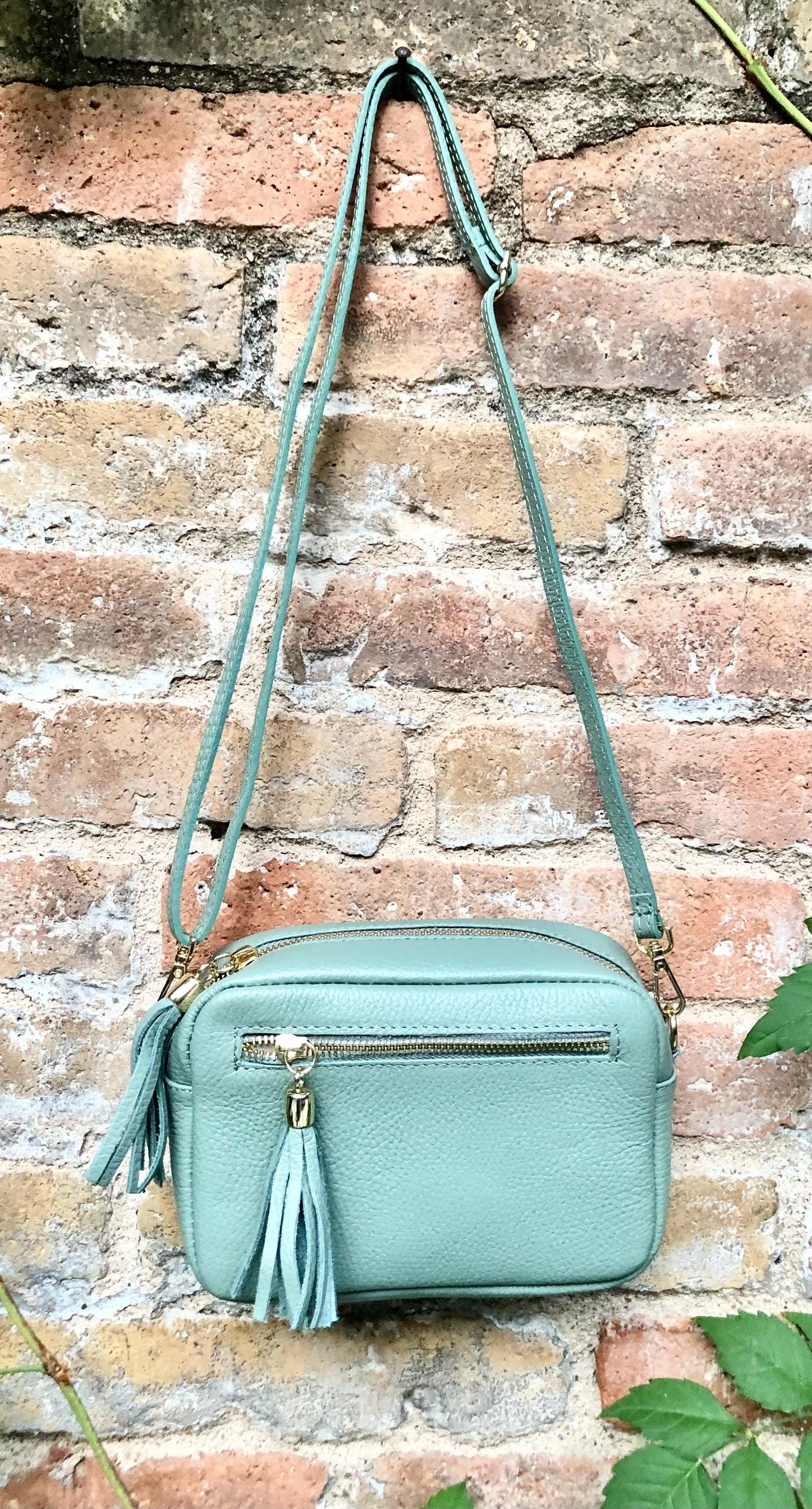 Small sage green leather bag. GENUINE leather shoulder / cross body bag. Light green leather purse with tassels, adjustable strap and zipper