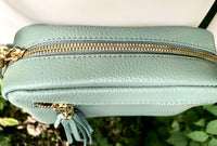 Small sage green leather bag. GENUINE leather shoulder / cross body bag. Light green leather purse with tassels, adjustable strap and zipper