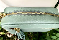 Small sage green leather bag. GENUINE leather shoulder / cross body bag. Light green leather purse with tassels, adjustable strap and zipper