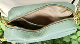 Small sage green leather bag. GENUINE leather shoulder / cross body bag. Light green leather purse with tassels, adjustable strap and zipper